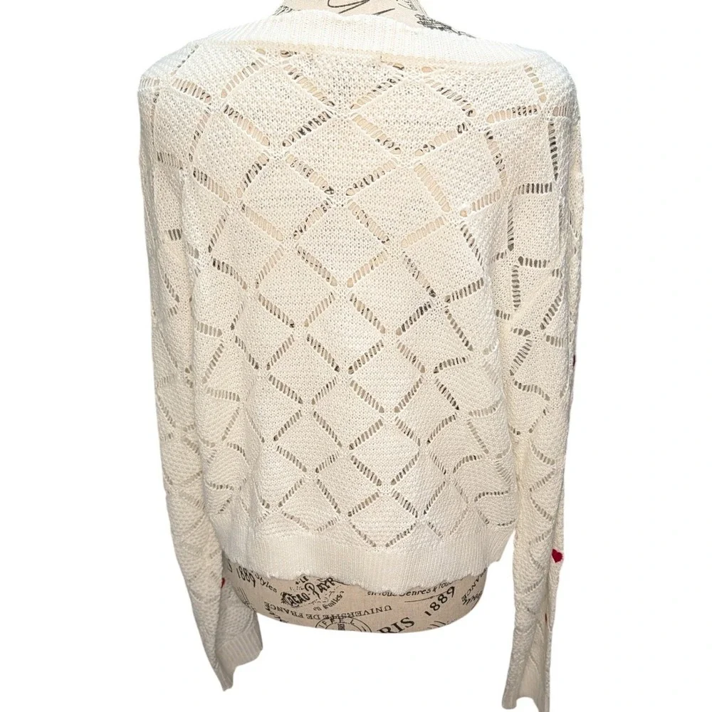 Aqua Blues Womens L Open Diamond Embroidery Heart Knit Scoop Neck‎ Sweater NWOT